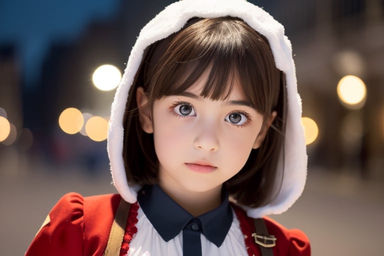 ((1girl, 6year old girl:1.5)), ((Portrait)),loli, petite girl,  whole body, children's body, beautiful shining body, bangs,((darkbrown hair:1.3)),high eyes,(aquamarine eyes), petite,tall eyes, beautiful girl with fine details, Beautiful and delicate eyes, detailed face, Beautiful eyes,natural light,((realism: 1.2 )), dynamic far view shot,cinematic lighting, perfect composition, by sumic.mic, ultra detailed, official art, masterpiece, (best quality:1.3), reflections, extremely detailed cg unity 8k wallpaper, detailed background, masterpiece, best quality , (masterpiece), (best quality:1.4), (ultra highres:1.2), (hyperrealistic:1.4), (photorealistic:1.2), best quality, high quality, highres, detail enhancement, ((very short hair:1.4)),
((tareme,animated eyes, big eyes,droopy eyes:1.2)),((random expression)),,random Angle,((santa costume:1.4)),((thick eyebrows:1.1)),perfect,((manga like visual)),((christmas decorations)),perfect light,white fur,facial_mark, neon_palette, shaped_highlights, ((bokeh background, blurry background)), night time, night sky, (city light), horizontal angle, looking away, perfect anatomy, colorful hair clip, many hair clips, christmas theme