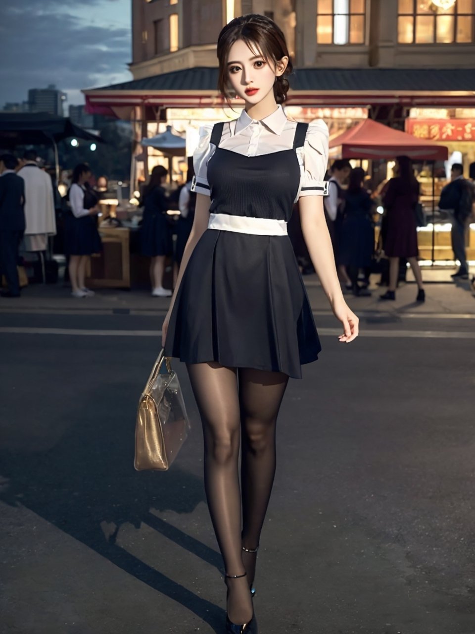 (Maid uniform costume))), 1 girl looking at the viewer, slightly lifting her skirt and sexy young athletic woman, perfect slim body, night market background, exquisitely perfect symmetrical very gorgeous face, exquisite delicate crystal clear skin, detailed and beautiful delicate eyes, light contrast, RAW photo, symmetrical photo, (transparent heels))), (Full_body_shot))), (pantyhose))), 