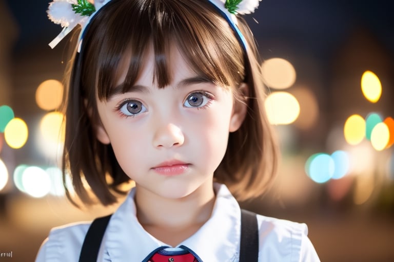 ((1girl, 6year old girl:1.5)), ((Portrait)),loli, petite girl,  whole body, children's body, beautiful shining body, bangs,((darkbrown hair:1.3)),high eyes,(aquamarine eyes), petite,tall eyes, beautiful girl with fine details, Beautiful and delicate eyes, detailed face, Beautiful eyes,natural light,((realism: 1.2 )), dynamic far view shot,cinematic lighting, perfect composition, by sumic.mic, ultra detailed, official art, masterpiece, (best quality:1.3), reflections, extremely detailed cg unity 8k wallpaper, detailed background, masterpiece, best quality , (masterpiece), (best quality:1.4), (ultra highres:1.2), (hyperrealistic:1.4), (photorealistic:1.2), best quality, high quality, highres, detail enhancement, ((very short hair:1.4)),
((tareme,animated eyes, big eyes,droopy eyes:1.2)),((random expression)),,random Angle,((santa costume:1.4)),((thick eyebrows:1.1)),perfect,((manga like visual)),((christmas decorations)),perfect light,white fur,facial_mark, neon_palette, shaped_highlights, ((bokeh background, blurry background)), night time, night sky, (city light), horizontal angle, looking away, perfect anatomy, colorful hair clip, many hair clips, christmas theme