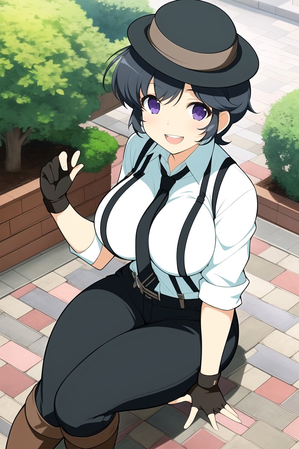 (masterpiece, best quality), chiyoSK, outdoors, hat, black headwear, black hair, short hair, purple eyes, large breasts, white shirt, suspenders, necktie, fingerless gloves, gloves, black pants, pants, boots, smile, open mouth.