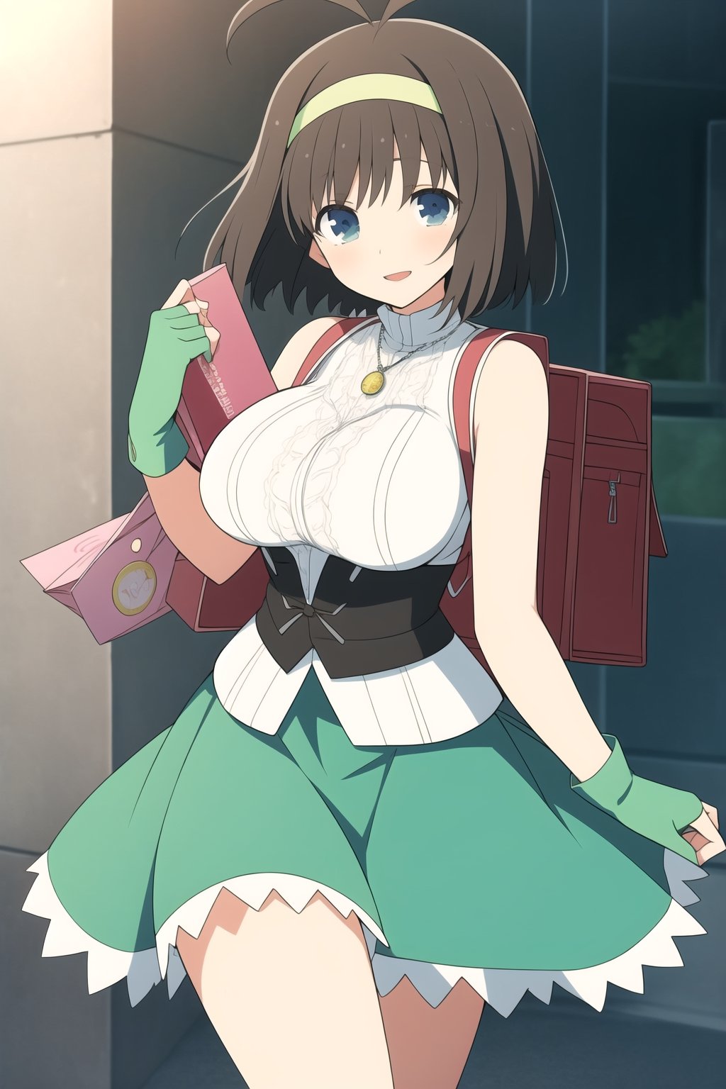 (masterpiece, best quality), syuriSK, solo, black hair, brown hair, ahoge, antenna hair, hairband, short hair, blue eyes, large breasts, necklace, pendant, crime prevention buzzer, dress, bare shoulders, randoseru, backpack, bag, fingerless gloves, green gloves, green skirt, smile, open mouth,