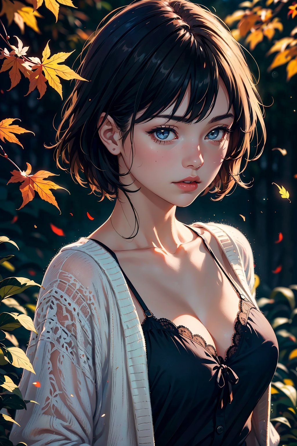 1girl, college campus, fall leaves, wearing light oversized cardigan over a lacy camisole showing subtle cleavage, slender, academic charm, nostalgic, loveholic, (Masterpiece, Photorealistic, 8K resolution, Ultra High Quality, Incredibly Detailed, Cinematic lighting, Perfect anatomy, RAW), , , , , , ,realistic,highres