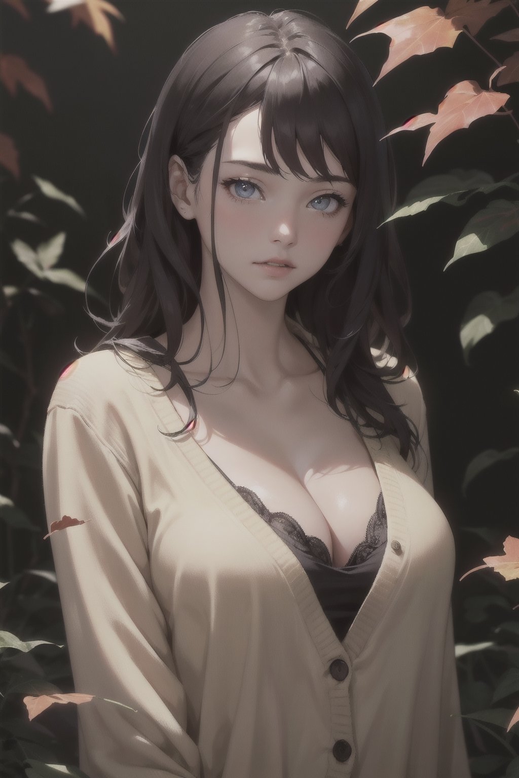 1girl, college campus, fall leaves, wearing light oversized cardigan over a lacy camisole showing subtle cleavage, slender, academic charm, nostalgic, loveholic, (Masterpiece, Photorealistic, 8K resolution, Ultra High Quality, Incredibly Detailed, Cinematic lighting, Perfect anatomy, RAW), , , , , , ,realistic,highres