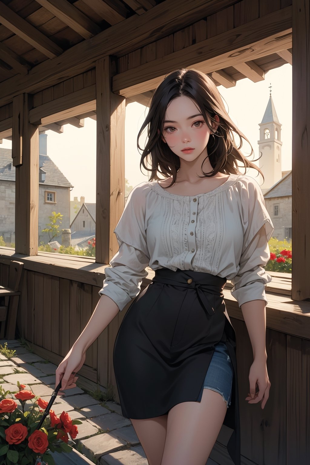 (Masterpiece, Photorealistic, 8K resolution, Ultra High Quality, Incredibly Detailed, Cinematic lighting, Perfect anatomy, RAW),  Medieval town, cobblestone street, young girls selling flowers, dressed in simple medieval peasant attire, no modern items, surrounded by rustic buildings, warm summer day, narrow waist, bare legs,highres