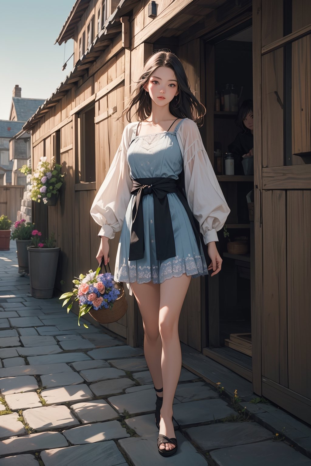 (Masterpiece, Photorealistic, 8K resolution, Ultra High Quality, Incredibly Detailed, Cinematic lighting, Perfect anatomy, RAW),  Medieval town, cobblestone street, young girls selling flowers, dressed in simple medieval peasant attire, no modern items, surrounded by rustic buildings, warm summer day, narrow waist, bare legs,highres