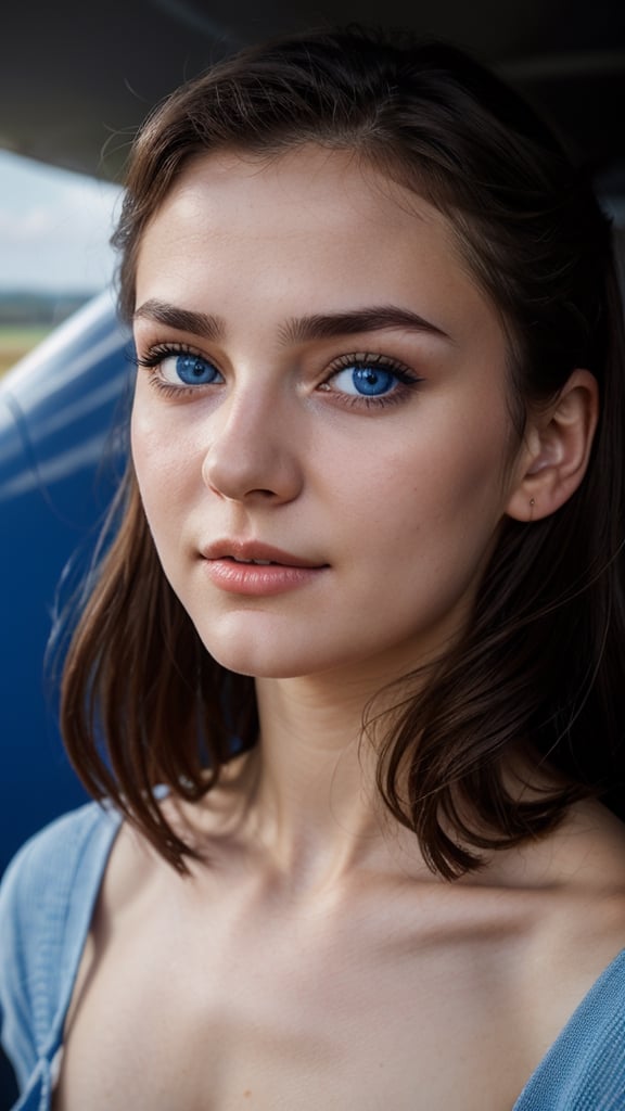 raw photo,ukranian,20 year young,detailed face,detailed nose,dark_hair,natural_breasts,light_blue_eyes,airport,blue ww2 aircraft