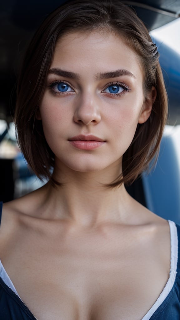 raw photo,ukranian,20 year young,detailed face,detailed nose,dark_hair,natural_breasts,light_blue_eyes,airport,blue ww2 aircraft