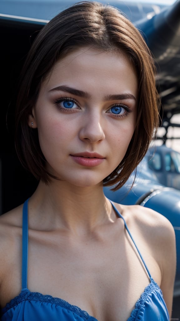 raw photo,ukranian,20 year young,detailed face,detailed nose,dark_hair,natural_breasts,light_blue_eyes,airport,blue ww2 aircraft