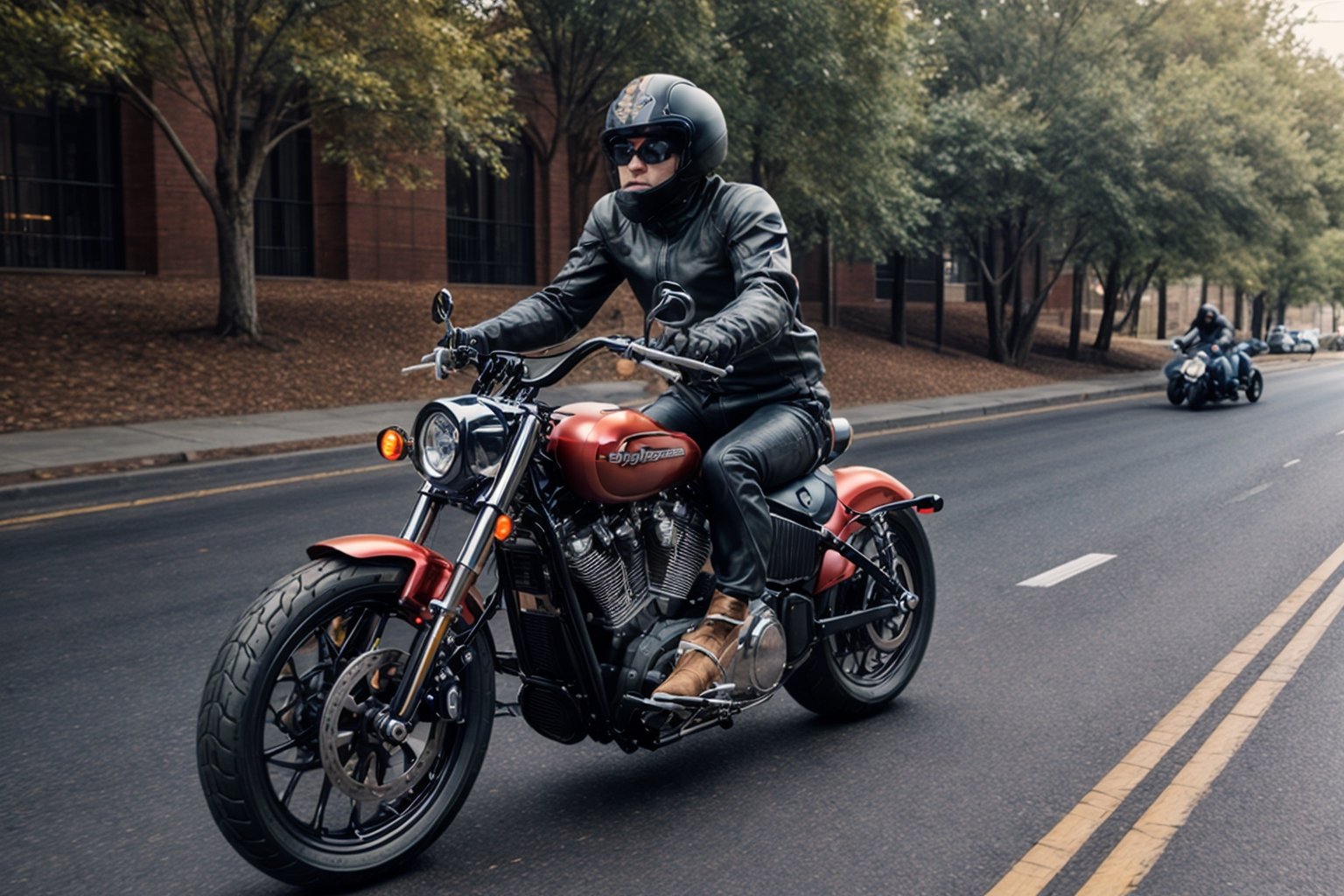 absurdres, highres, ultra detailed, (1girl:1.3), BREAK ,moter bike suit, motor,bike,The feeling of driving down the road at high speed,Running with the front wheel,Raise the front wheel of your motorcycle, ((bobber harley davidson))