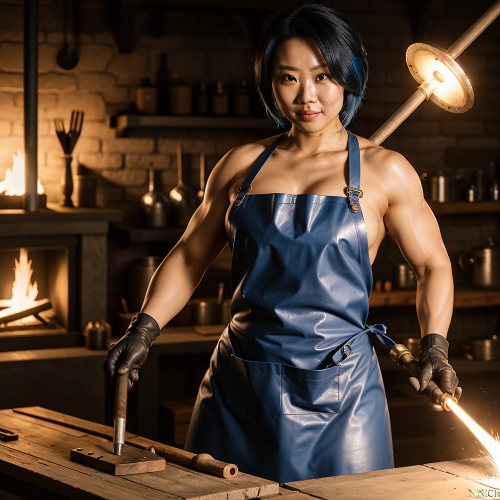 best_quailty,  highest_detail,  full_length,  full_body,  dynamic_lighting, forge_light_source, high_fantasy_blacksmith_workshop,  perfect_anatomy,  perfect_face extremely_detailed_face,  expressive,  perfect_eyes,  (sweating_profusely),  high_fantasy_sexyfemale_muscular_Chinese_blacksmith only_wearing thick_leather_apron_and_gloves hammers white_hot_metal_bar on anvil next to forge with forgehammer, nounderwear, bluehair