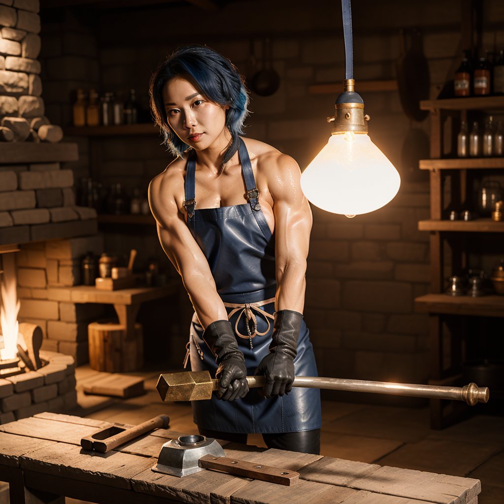 best_quailty,  highest_detail,  full_length,  full_body,  dynamic_lighting, forge_light_source, high_fantasy_blacksmith_workshop,  perfect_anatomy,  perfect_face extremely_detailed_face,  expressive,  perfect_eyes,  (sweating_profusely),  high_fantasy_sexyfemale_muscular_Korean_blacksmith only_wearing thick_leather_apron_and_gloves hammers white_hot_metal_bar on anvil next to forge with forgehammer, nounderwear, bluehair