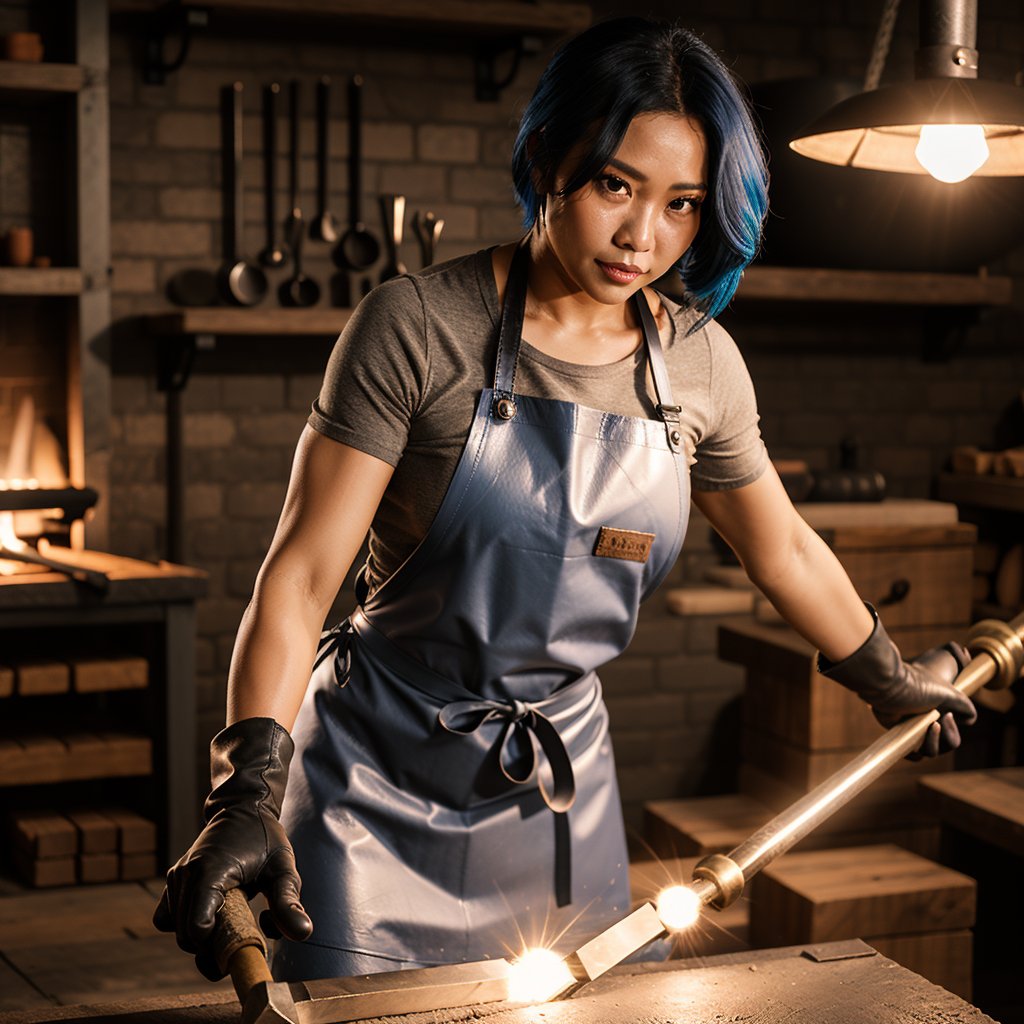 best_quailty,  highest_detail,  full_length,  full_body,  dynamic_lighting, forge_light_source, high_fantasy_blacksmith_workshop,  perfect_anatomy,  perfect_face extremely_detailed_face,  expressive,  perfect_eyes,  (sweating_profusely),  high_fantasy_sexyfemale_muscular_Thai_blacksmith only_wearing thick_leather_apron_and_gloves hammers white_hot_metal_bar on anvil next to forge with forgehammer, nounderwear, bluehair