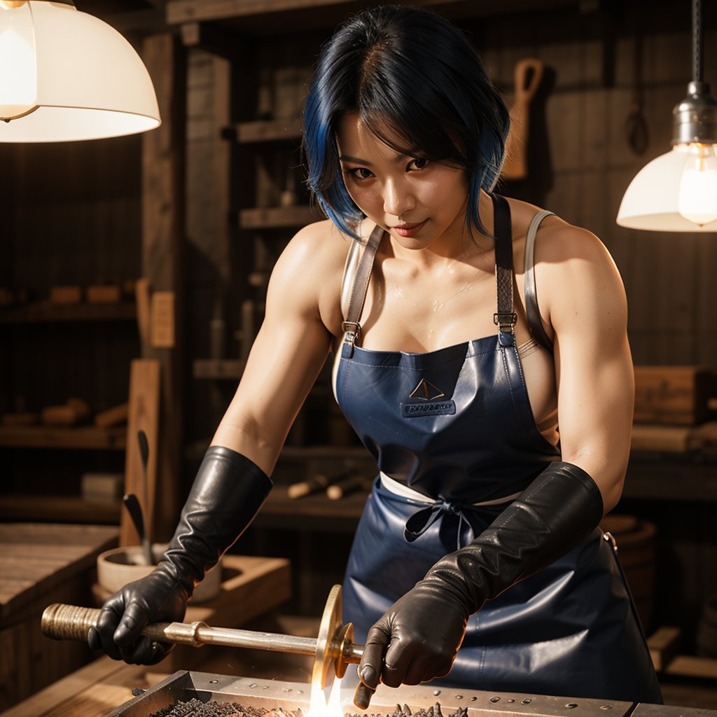 best_quailty,  highest_detail,  full_length,  full_body,  dynamic_lighting, forge_light_source, high_fantasy_blacksmith_workshop,  perfect_anatomy,  perfect_face extremely_detailed_face,  expressive,  perfect_eyes,  (sweating_profusely),  high_fantasy_sexyfemale_muscular_Korean_blacksmith only_wearing thick_leather_apron_and_gloves hammers white_hot_metal_bar on anvil next to forge with forgehammer, nounderwear, bluehair