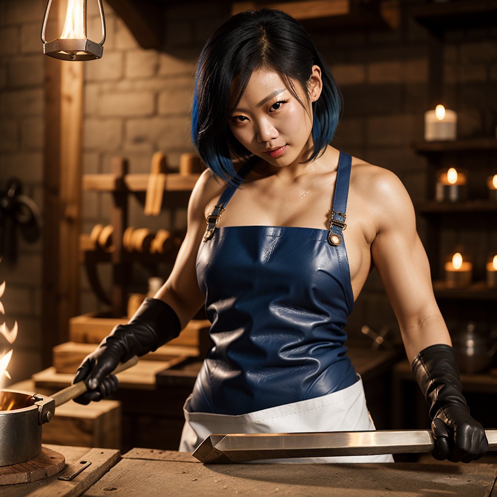 best_quailty,  highest_detail,  full_length,  full_body,  dynamic_lighting, forge_light_source, high_fantasy_blacksmith_workshop,  perfect_anatomy,  perfect_face extremely_detailed_face,  expressive,  perfect_eyes,  (sweating_profusely),  high_fantasy_sexyfemale_muscular_Chinese_blacksmith only_wearing thick_leather_apron_and_gloves hammers white_hot_metal_bar on anvil next to forge with forgehammer, nounderwear, bluehair