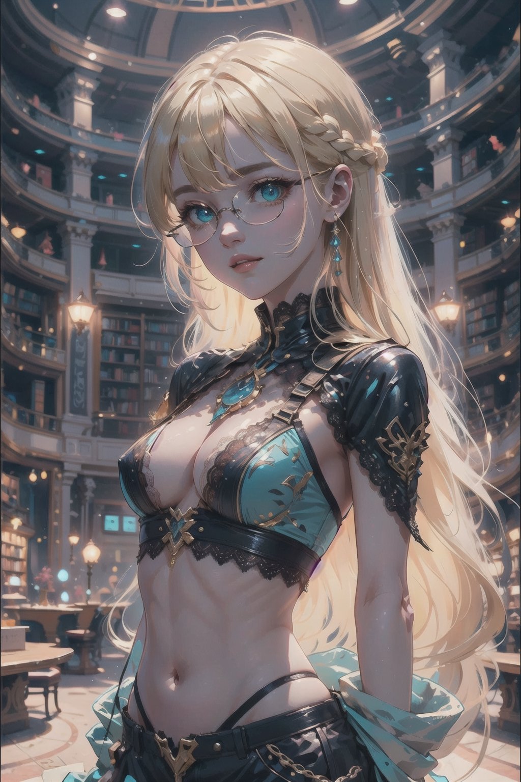 (masterpiece), best quality, high resolution, highly detailed, detailed background, perfect lighting, 1girl, lace underwear, lace bikini, tanned skin, exposed midriff, highlighted hair, long hair, wavy hair, blonde hair, aqua eyes, round glasses, thin frames, misty aura, small nose, full lips, parted lips, slight smile, pink cheeks, medium breasts, deep cleavage, full bust, toned body, low waist, futuristic library, theater,