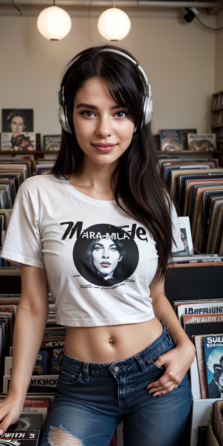 Close-up shot of Reislin-inspired woman, surrounded by vinyl records in a nostalgic record store setting. Soft, warm lighting casts a flattering glow on her porcelain skin, almost translucent. Her messy black hair frames her sultry gaze, as she indulges in her favorite tunes with headphones wrapped around her ears. She's dressed casually yet stylishly in faded jeans and a vintage rock band t-shirt. The subtle smile playing on her lips seems to convey intimate secrets, inviting the viewer to lean in closer.