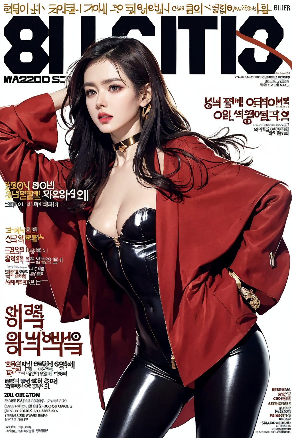 (Masterpiece, Best Quality: 1.2), 1girl, 20 years old beautiful Korean woman:1.3, extremely beautiful face, (Title: 1.5), (Dynamic Poses: 1.4), (Magazine Cover: 1.5), Looking at the Audience, (Thighs: 0.5), (Solo: 1.5), (Cowboy Shot: 1.2), (from bottom to top: 1.3), (bbpeco), (ahoge), (golden retriever: 1.3), solo, dark brown long hair:1.2, chest, looking at audience, (big breasts:1.3), slim waist:1.4, wide hip:0.6, black leather neck choker, long sleeves, open shodder, cleavage, coat, (black long hair:1.5), shiny, lips, shiny skin, v-shaped, tights, caftan, headphones, red tight clothing, headphones, gown, shiny clothes, latex, detailed clothes, black fur bracelet, pink tights, latex tights, nudity, zipper open, no clothes, sexy pose, tights, big eyes, facing the viewer, asian girl,masterpiece,realistic, city, streets, people, best quality,masterpiece,backlight, halo, (perfect model-like proportions),female,cute, (skinny body:1.5), (small head:1.6)