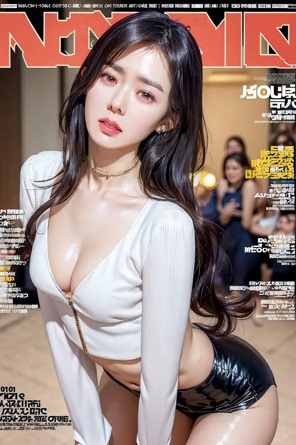 (Masterpiece, Best Quality: 1.2), 1girl, 20 years old beautiful Korean woman:1.3, extremely beautiful face, (Title: 1.5), (Dynamic Poses: 1.4), (Magazine Cover: 1.5), Looking at the Audience, (Thighs: 0.5), (Solo: 1.5), (Cowboy Shot: 1.2), (from bottom to top: 1.3), (bbpeco), (ahoge), (golden retriever: 1.3), solo, dark brown long hair:1.2, chest, looking at audience, (big breasts:1.3), slim waist:1.4, wide hip:0.6, black leather neck choker, long sleeves, open shodder, cleavage, coat, (black long hair:1.5), shiny, lips, shiny skin, v-shaped, tights, caftan, headphones, red tight clothing, headphones, gown, shiny clothes, latex, detailed clothes, black fur bracelet, pink tights, latex tights, nudity, zipper open, no clothes, sexy pose, tights, big eyes, facing the viewer, asian girl,masterpiece,realistic, city, streets, people, best quality,masterpiece,backlight, halo, (perfect model-like proportions),female,cute, (skinny body:1.5), (small head:1.6)