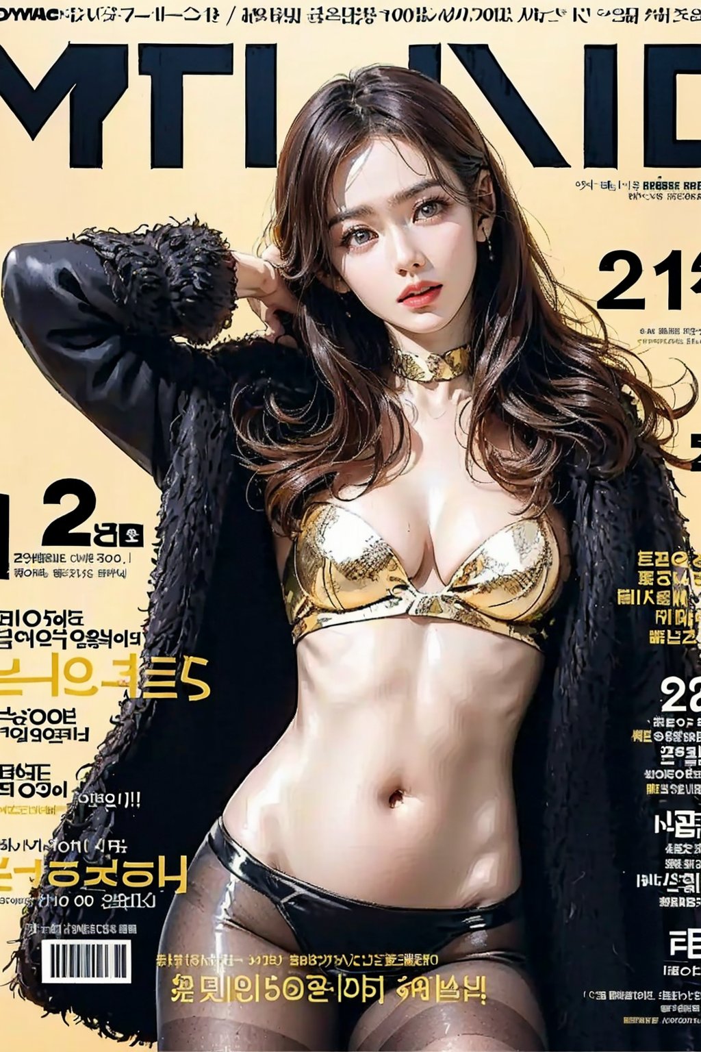 (Masterpiece, Best Quality: 1.2), 1girl, 20 years old beautiful Korean woman:1.3, extremely beautiful face, (Title: 1.5), (Dynamic Poses: 1.4), (Magazine Cover: 1.5), Looking at the Audience, (Thighs: 0.5), (Solo: 1.5), (Cowboy Shot: 1.2), (from bottom to top: 1.3), (bbpeco), (ahoge), (golden retriever: 1.3), solo, dark brown long hair:1.2, chest, looking at audience, (big breasts:1.4), slim waist:1.4, wide hip:1.4, black leather neck choker, long sleeves, open shodder, cleavage, coat, (black long hair:1.5), shiny, lips, shiny skin, v-shaped, tights, caftan, headphones, red tight clothing, headphones, gown, shiny clothes, latex, detailed clothes, black fur bracelet, pink tights, latex tights, nudity, zipper open, no clothes, sexy pose, tights, big eyes, facing the viewer, asian girl,masterpiece,realistic, city, streets, people, best quality,masterpiece,backlight, halo, (perfect model-like proportions),female,cute, (skinny body:1.5), (small head:1.6)