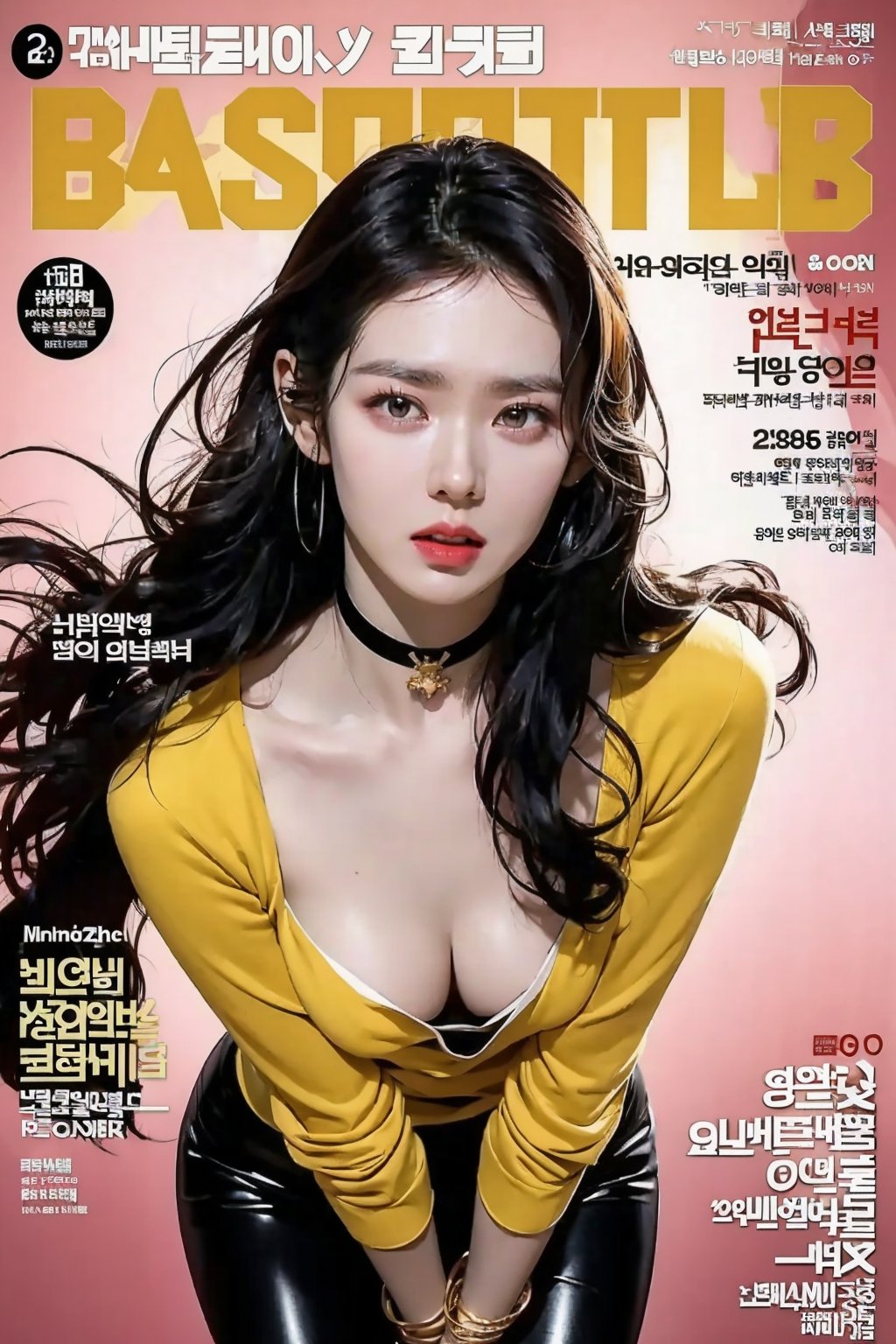 (Masterpiece, Best Quality: 1.2), 1girl, 20 years old beautiful Korean woman:1.3, extremely beautiful face, (Title: 1.5), (Dynamic Poses: 1.4), (Magazine Cover: 1.5), Looking at the Audience, (Thighs: 0.5), (Solo: 1.5), (Cowboy Shot: 1.2), (from bottom to top: 1.3), (bbpeco), (ahoge), (golden retriever: 1.3), solo, dark brown long hair:1.2, chest, looking at audience, (big breasts:1.3), slim waist:1.4, wide hip:0.6, black leather neck choker, long sleeves, open shodder, cleavage, coat, (black long hair:1.5), shiny, lips, shiny skin, v-shaped, tights, caftan, headphones, red tight clothing, headphones, gown, shiny clothes, latex, detailed clothes, black fur bracelet, pink tights, latex tights, nudity, zipper open, no clothes, sexy pose, tights, big eyes, facing the viewer, asian girl,masterpiece,realistic, city, streets, people, best quality,masterpiece,backlight, halo, (perfect model-like proportions),female,cute, (skinny body:1.5), (small head:1.6)