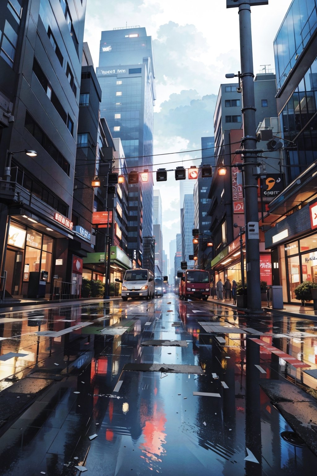 (masterpiece, best quality, highres:1.3), ultra resolution image, A long road leading towards towering mountains, water puddles reflecting the aftermath of rain, high-rise buildings and a park on the roadside, signs hanging, gloomy weather with dark clouds, distant thunderstorm, pedestrians walking on the sidewalk, traffic lights and road, illustrated in a vibrant anime-style. The image should convey a strong sense of perspective, creating a vast and expansive scene.