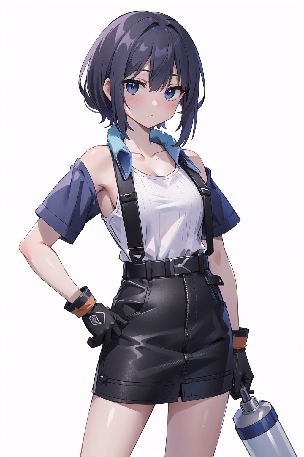 (masterpiece, best quality, highres:1.3), ultra resolution image, woman with a hammer, construction attire, towel around her neck, water bottle in hand, gloves on, against a white backdrop