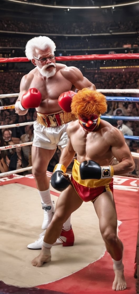 In a stunning display of strength and determination, a shirtless and muscular Colonel Sanders engages in a fierce battle with a clown-like Ronald McDonald inside a boxing arena. The scene is captured in a realistic photography style, emphasizing the raw power and energy of the confrontation.