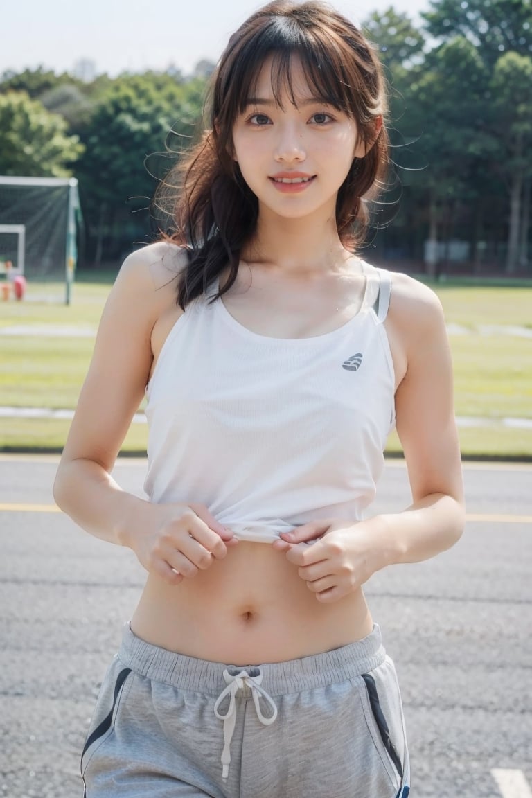 UHD, 4k, ultra detailed, cinematic, a photograph of high definition photo,ultra detailed skin,ultra detailed face,,1girl,solo,grey_sports_bra,outdoors,track pants,sports,looking at viewer,smile,sweat,