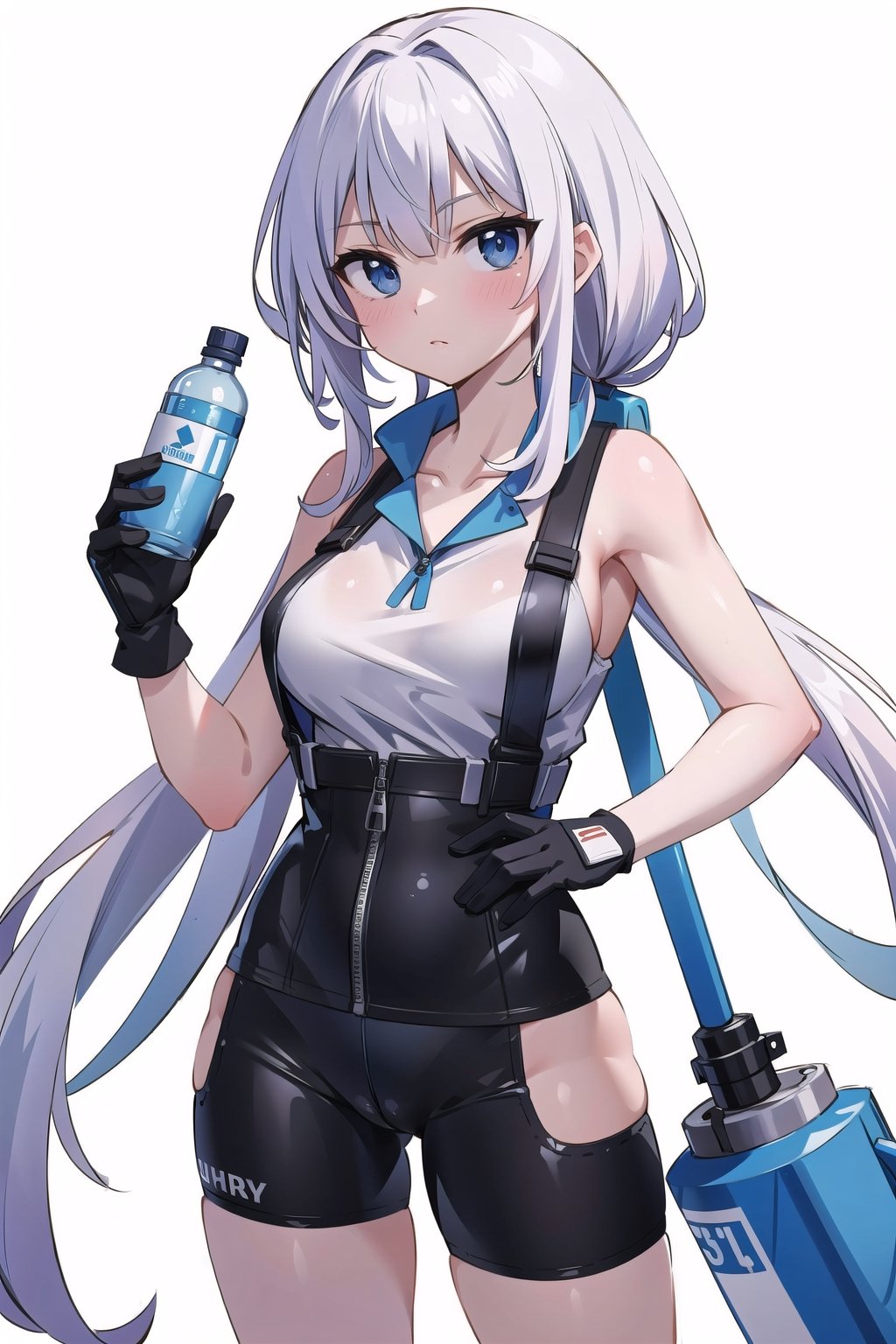 (masterpiece, best quality, highres:1.3), ultra resolution image, woman with a hammer, construction attire, towel around her neck, water bottle in hand, gloves on, against a white backdrop