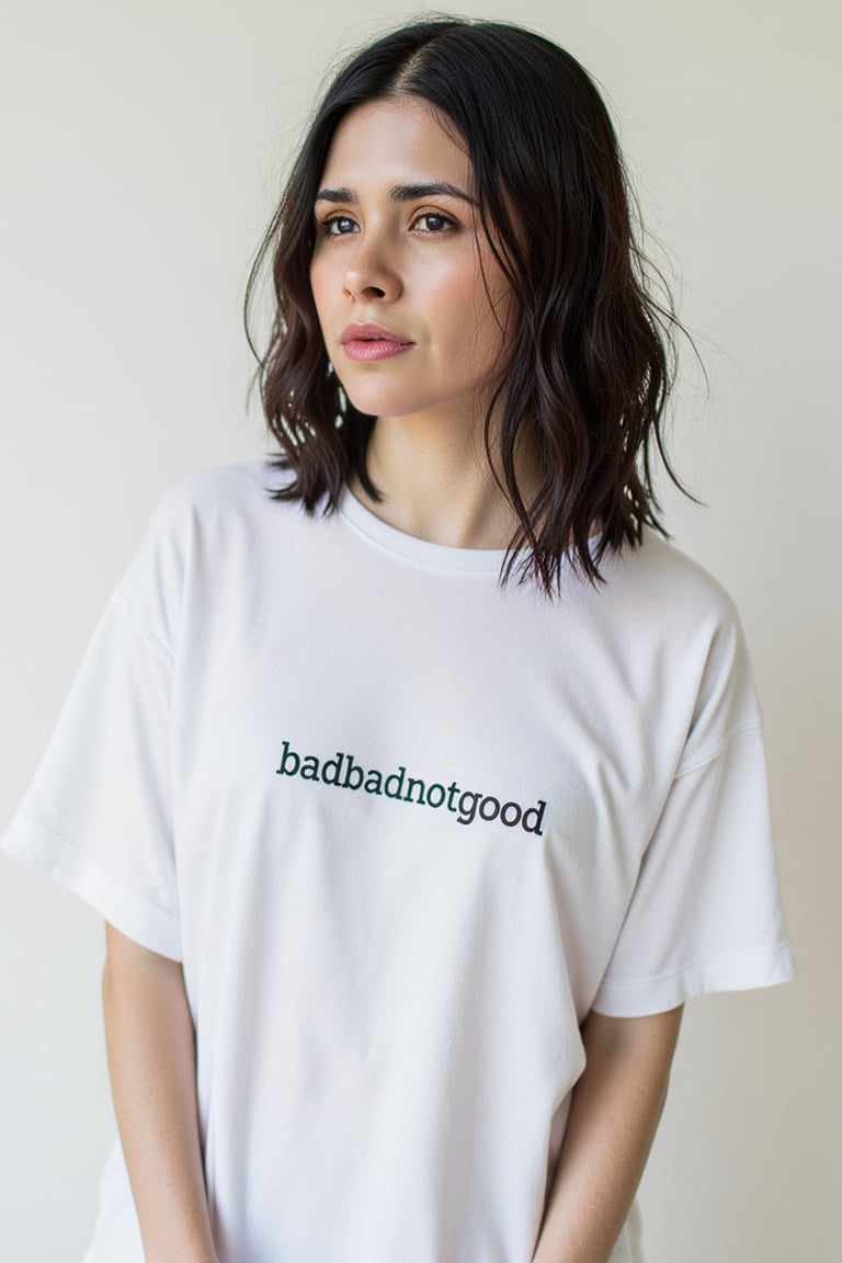 An amazing professional photography in the style of Terry Richardson, 4k, uhd, 
Half body shot of emely, very detailed, lights and shadows over her face. Simple white background. She is wearing an oversized white t-shirt with a text that says "badbadnotgood", no pants