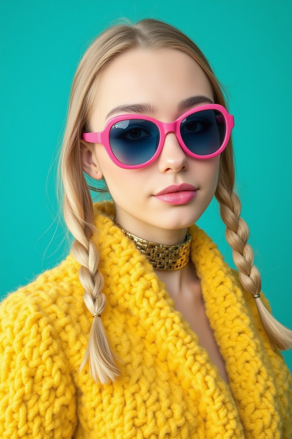 The image is a portrait of a young woman with blonde hair styled in two braids (made of wooly). She is wearing a bright yellow jacket with a gold choker necklace around her neck. The woman is also wearing large round sunglasses with pink frames and blue lenses. Her hair is styled in a high ponytail and she is wearing pink lipstick. The background is a solid turquoise color. The overall mood of the image is bold and vibrant. evamos