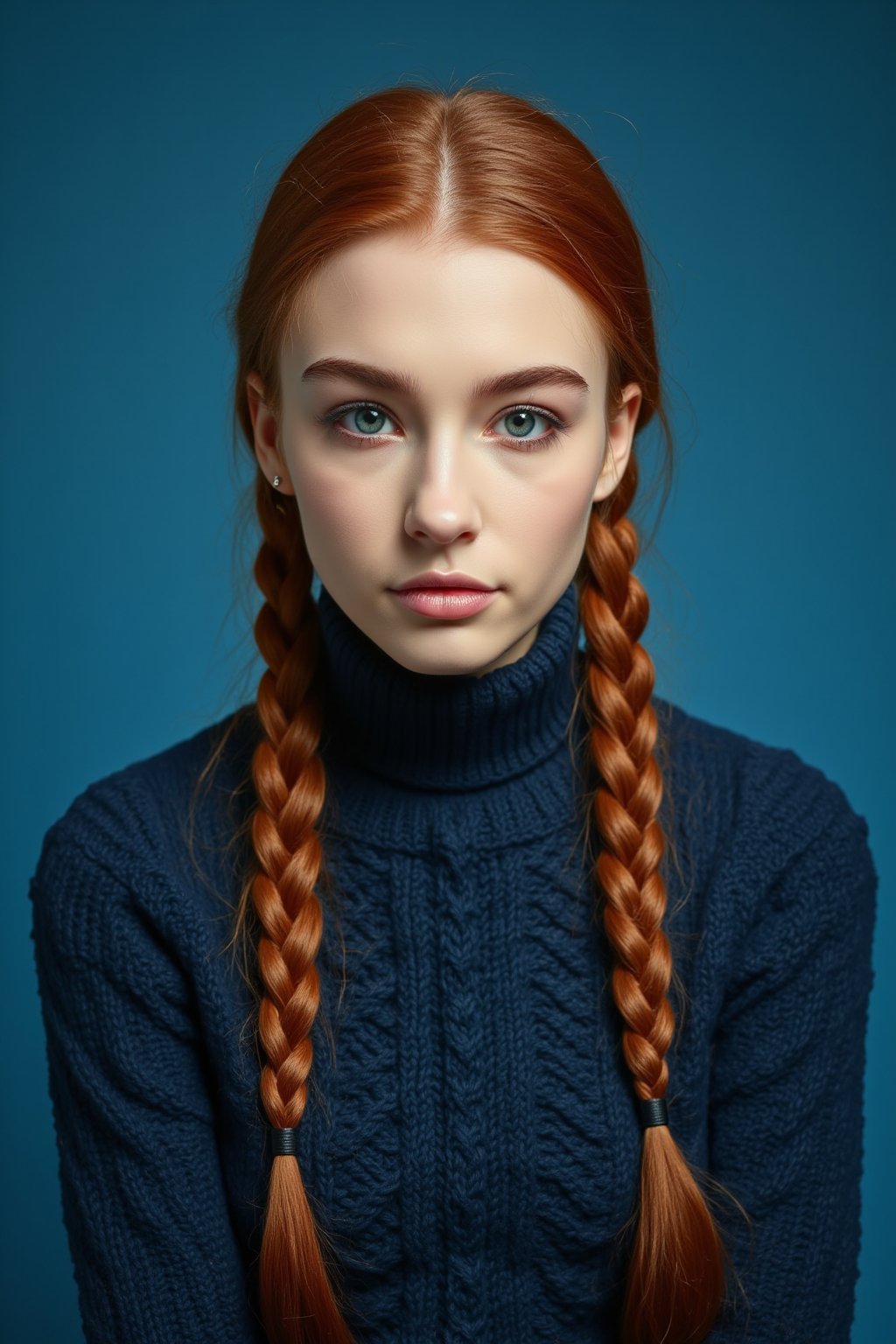 The image is a portrait of a young woman with long made of wooly red hair styled in a braided updo. She is wearing a made of wooly blue turtleneck sweater with a large cable knit pattern. Her hair is styled in two braids that are intertwined and cascading down her back. She has a serious expression on her face and is looking directly at the camera. The background is a solid blue color. The overall mood of the image is dramatic and edgy.,evamos