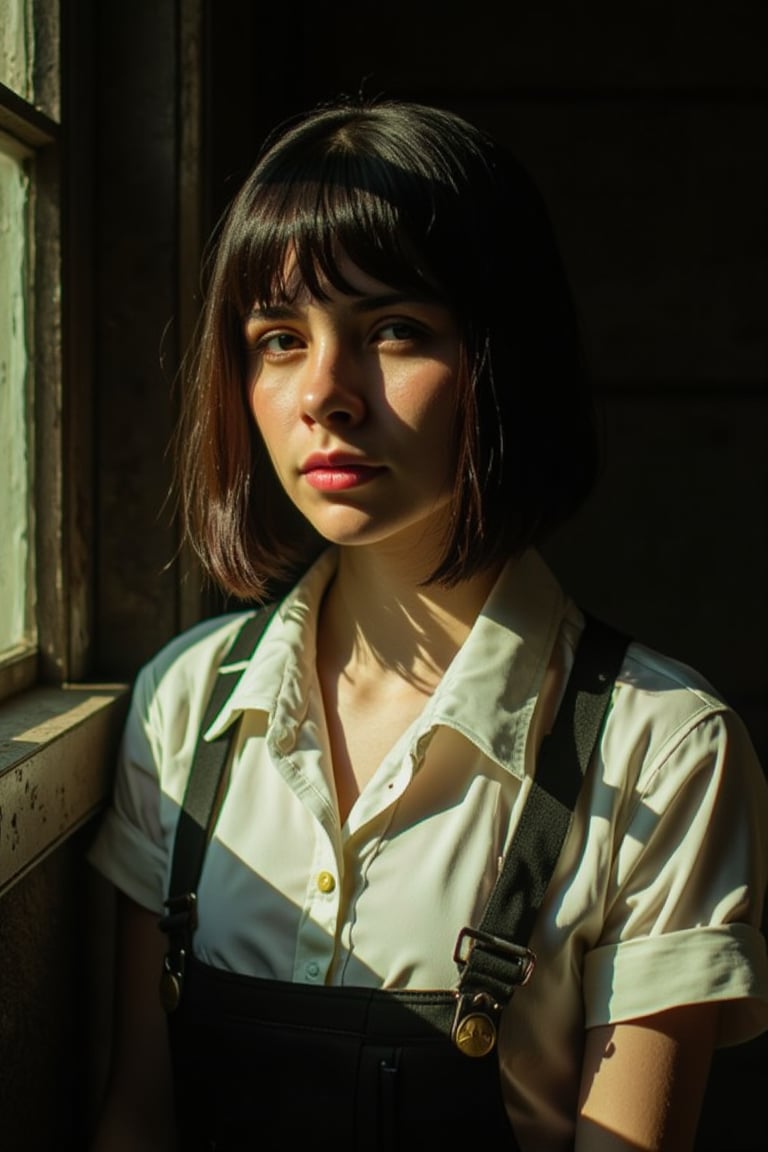 Lx278,neonpunk,cyberpunk, 

A portrait of a person, captured in a side profile. The subject has a bob haircut with straight bangs, and their hair is a rich brown color. The sunlight casts a sharp shadow on the wall behind them, creating a play of light and shadow. The person is wearing a white blouse with a V-neckline and dark suspenders. The background is dark, which accentuates the subject's features. The overall mood of the image is contemplative and serene, with a touch of melancholy.,emely