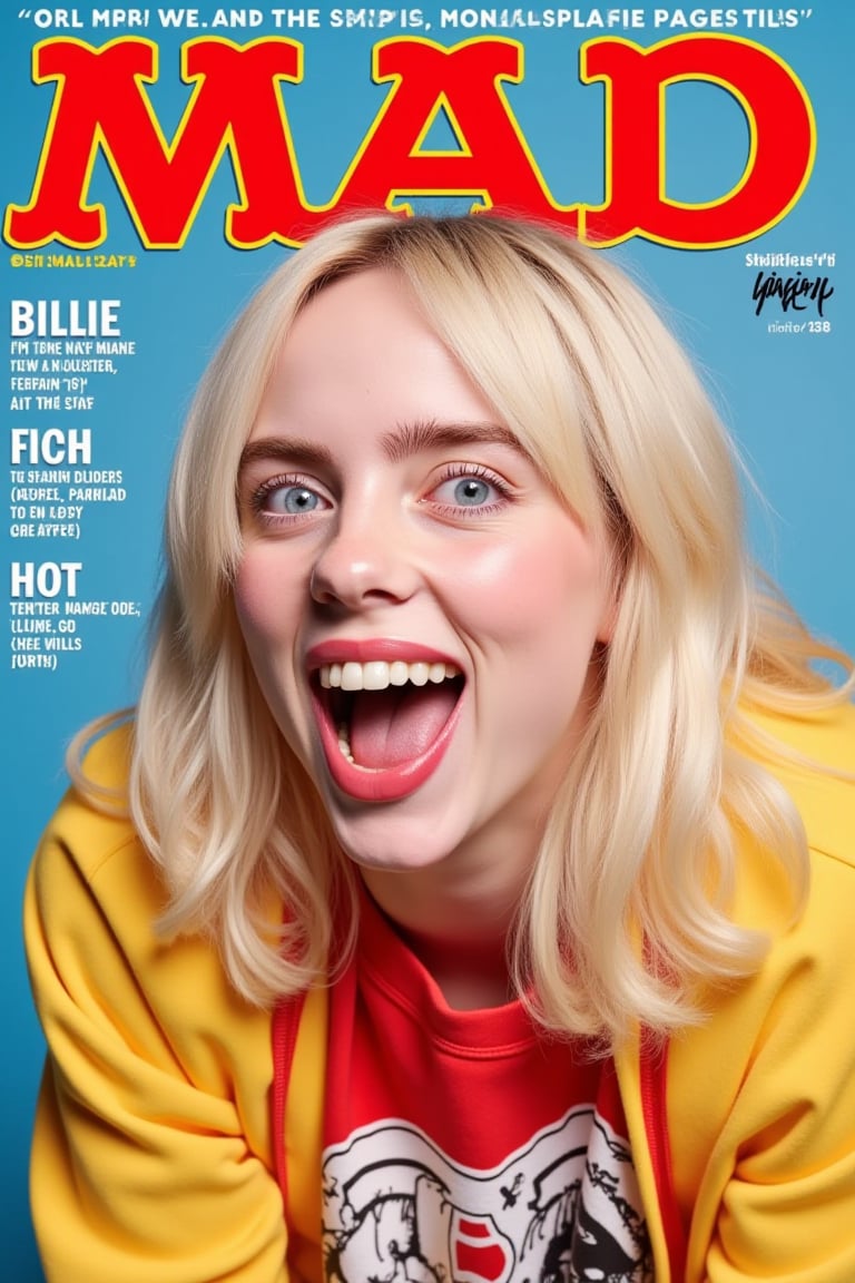 Mad magazine cover featuring Billie Eilish, typical pose with toothy smilem gap in teeth, going some weird thing that is funny, weird and stupid