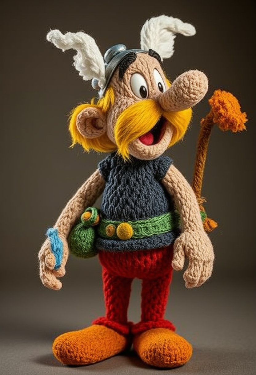 asterix is a Made out of wool doll, wearing casual clothes, whimsical, complex, beautiful, theatrical, elegant, fantastic aesthetic, perfect composition, artistic, intricate, 