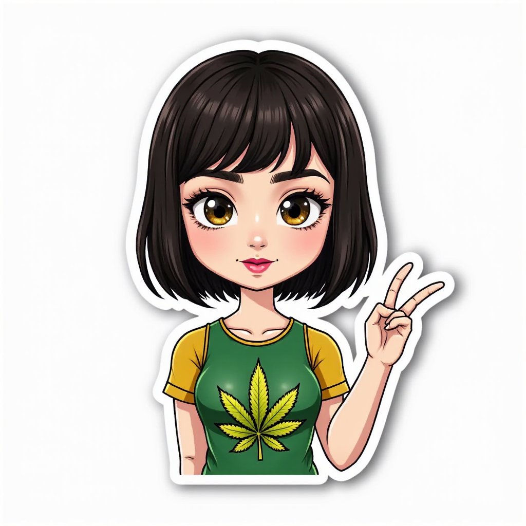 Cartoonish sticker of lilyco (short straight black hair). Peace and love sign with one hand. Marijuana logo on her shirt.