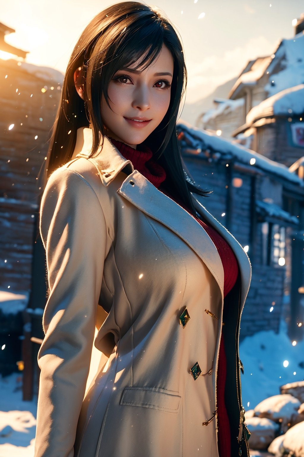 tifa, tifa FF7, tifa_lockhart, tifa lockhart, 1girl, black hair, long hair,very detailed image, curvy_figure, mixture of fantasy and realism, hdr, ultra hd, 4k, 8k,realhands,(Photorealistic: 1.4), top quality, very delicate and beautiful, high resolution,beautiful detailed red eyes, face light, high exposure,(big_breasts: 1.2), unreal engine 5, super realistic, wonder beauty ,1 girl, christmas, smiling, christmas_tree, slender, smiling, snowing, winter, winter_outfits, wool coat, shawl, new zealand, night,cliff hill and moutain background, turtleneck sweater, cottage