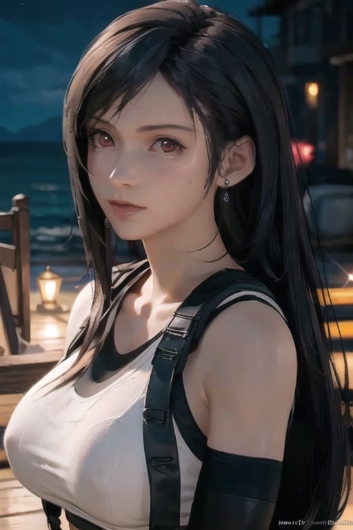 masterpiece, extremely detailed CG unity 8k wallpaper, official art, 1girl, solo,looking at the viewer, tifa lockhart,(best quality,  masterpiece:1.2), ultra detailed, (photo realistic:1.4), solo, sexy lady, night_beach, blurry_light_background, tifa_lockhart, long_hair, big_breast, red eyes