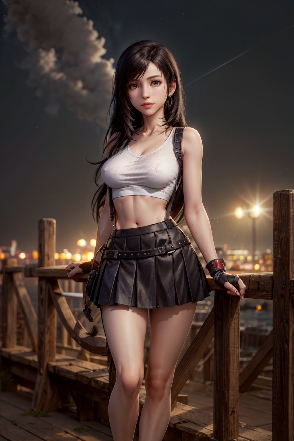 (8k,  RAW photo,  photorealistic:1.25),  1girl,  tifa lockhart, with golden accents,  (full body:1.2),  (highly detailed skin:1.2), ((slim,  skinny waist:1.4)), dynamic pose,  well sunlit,  ((looking at viewer)), Tifa, TifaFF7, white shirt, black skirt, suspenders, 1 girl, beautiful face, beautiful eyes, blue night sky, beach background, colorful