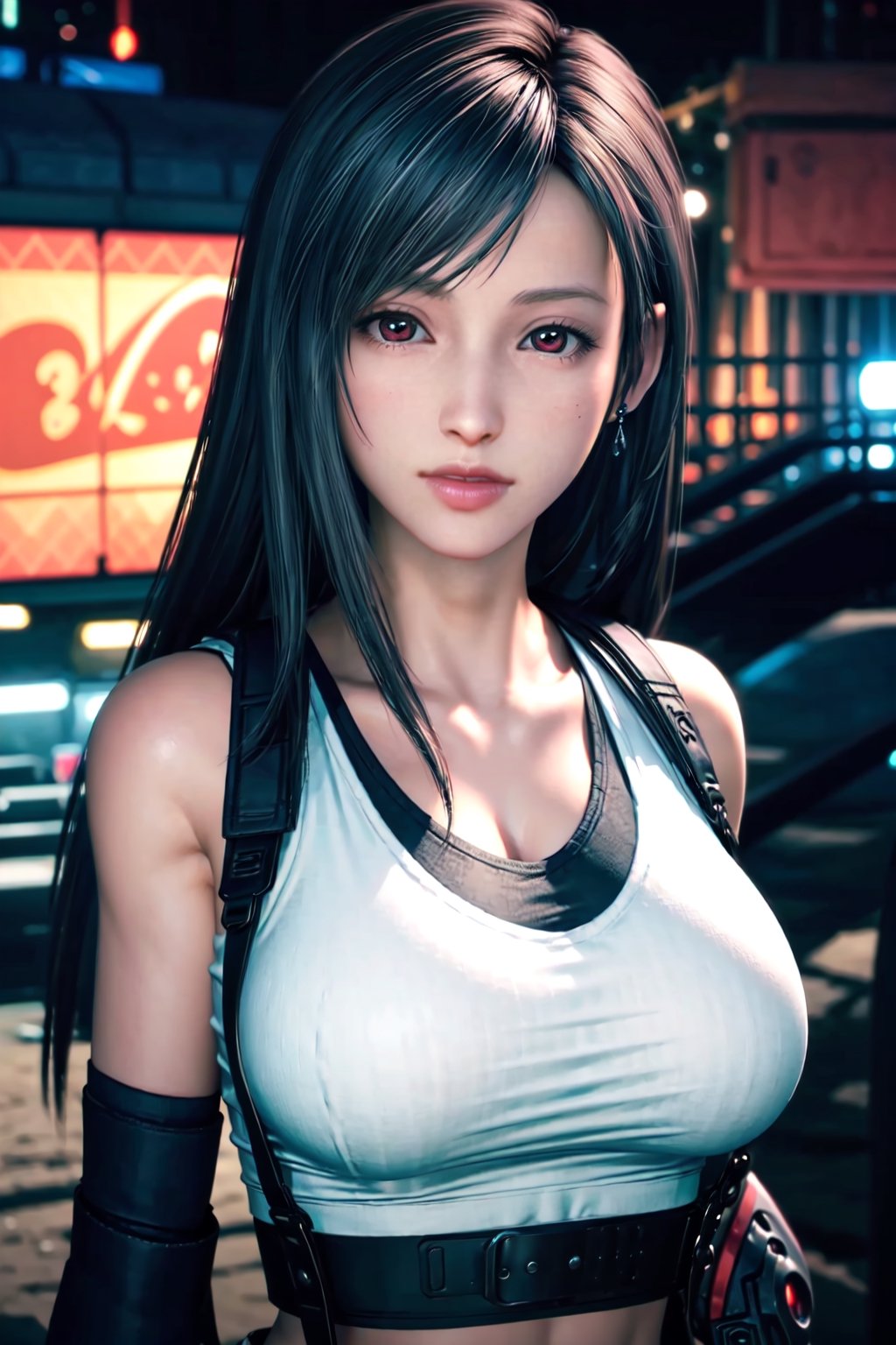 masterpiece, extremely detailed CG unity 8k wallpaper,1girl, solo,looking at the viewer,(best quality,  masterpiece:1.2), ultra detailed, (photo realistic:1.4), solo, sexy lady, night_beach, blurry_light_background, tifa_lockhart, long_hair, huge_boobs, red eyes, beach