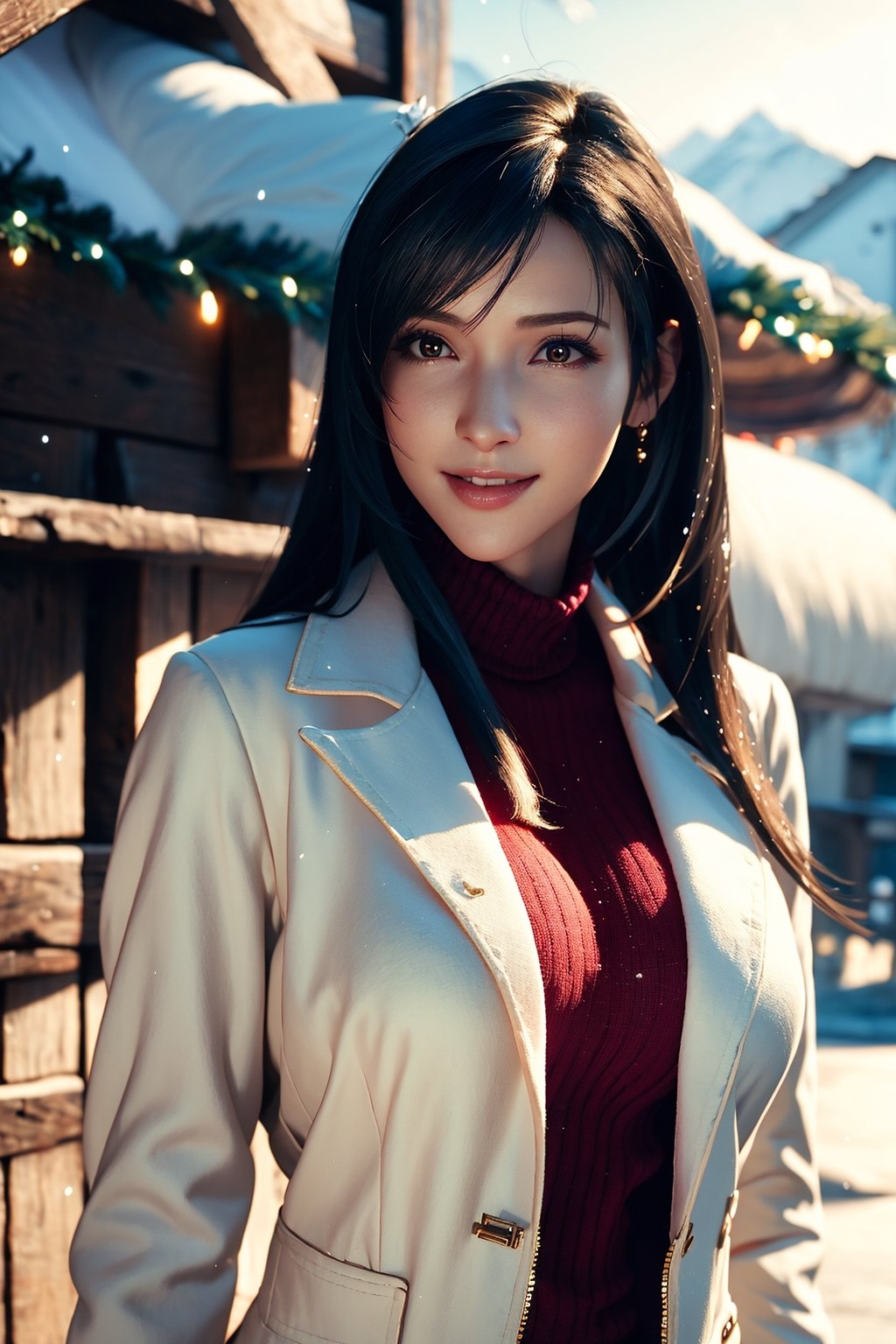 tifa, tifa FF7, tifa_lockhart, tifa lockhart, 1girl, black hair, long hair,very detailed image, curvy_figure, mixture of fantasy and realism, hdr, ultra hd, 4k, 8k,realhands,(Photorealistic: 1.4), top quality, very delicate and beautiful, high resolution,beautiful detailed red eyes, face light, high exposure,(big_breasts: 1.2), unreal engine 5, super realistic, wonder beauty ,1 girl, christmas, smiling, christmas_tree, slender, smiling, snowing, winter, winter_outfits, wool coat, shawl, new zealand, night,cliff hill and moutain background, turtleneck sweater, cottage