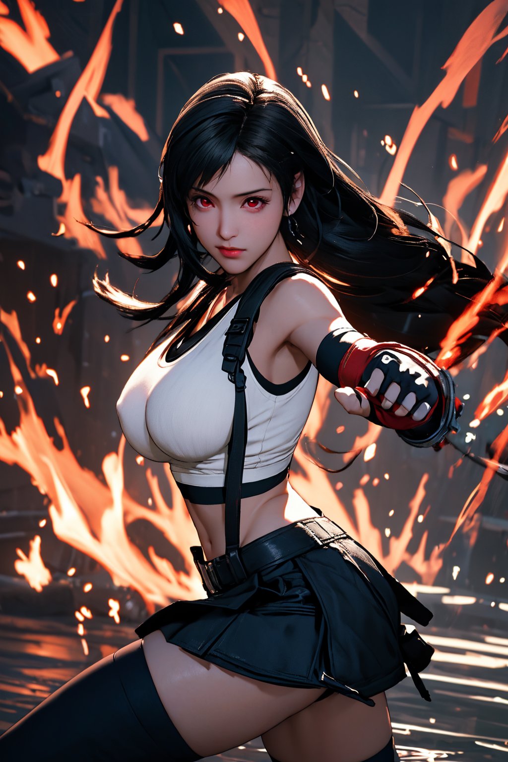 (masterpiece), (best quality), (ultra detailed),(illustration), (1girl), beautiful detailed red eyes, delicate beautiful face, huge breast, tifa, long black hair, slender, ff7r style, ankle boots, black skirt, black thighhighs, boots, crop top, elbow gloves, elbow pads, suspenders, fingerless gloves, 4k, 8k, HDR,  defTifa, slender, high_definition, score_9, cowboy_shot,xuer martial arts, water effects background, perfectly drawn hands, complex_background