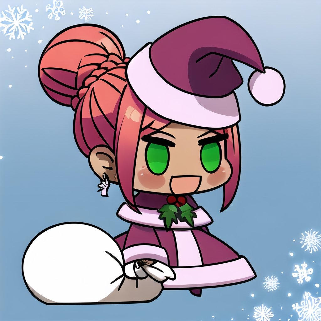 ,  Padoru_Meme, 1girl, blush, smile, open mouth, red hair, dark skin, side swept bangs, freckles, long hair, wavy hair, long sleeves, dress, holding, green eyes, braid, :d, hair bun, pink dress, single hair bun, pink headwear, meme, holding sack, snow background ,Padoru_Meme