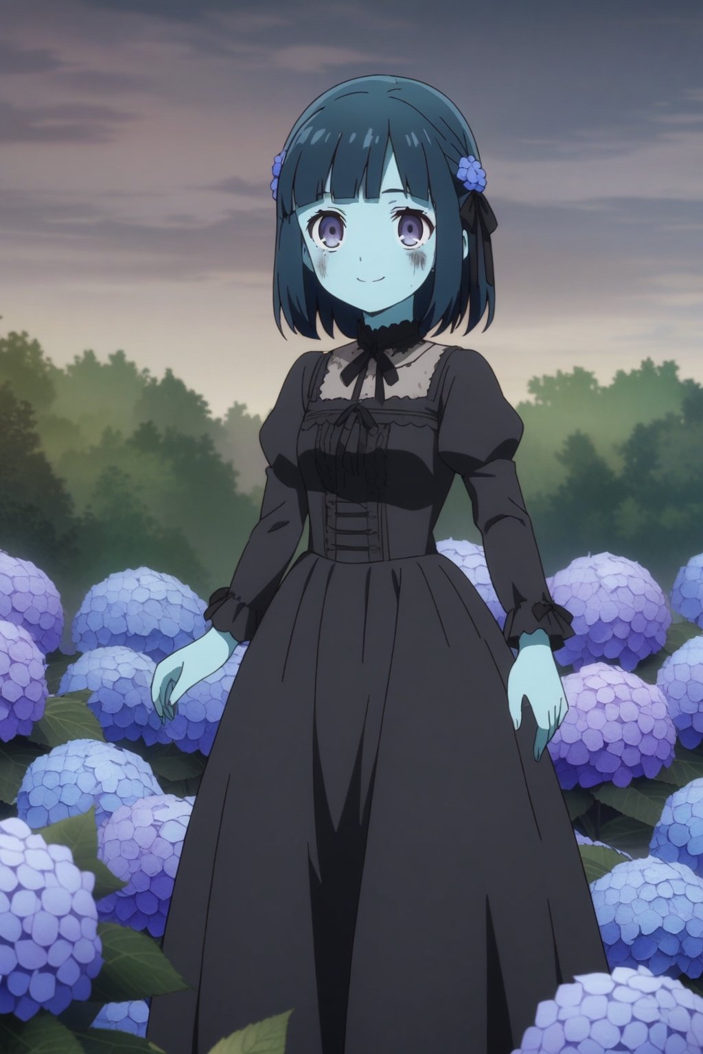 anime girl, average height, zombie, blue skin, dark gray eyes, cute eyes, double eyelid, decaying skin, sky blue hair color, princess hair, medium hair length, straight bangs, black bow accessory, long black victorian dress, misty garden background, blue hydrangeas garden, 4k, ,shoujo-style, full body, anime screenshot, living corspe, smiling,portraitart