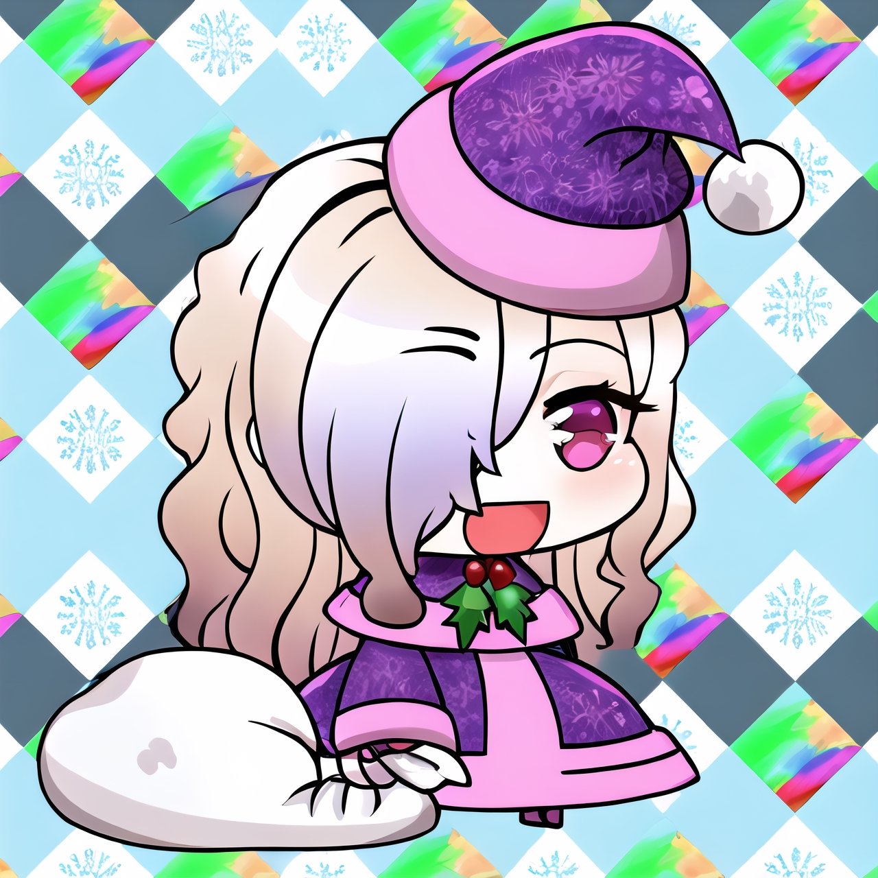 ,  Padoru_Meme, 1girl, blush, smile, open mouth, platinum blonde hair, long hair, wavy hair, hair over one eye, long sleeves, dress, holding, pink eyes, :d, pink dress, pink headwear, meme, holding sack,Padoru_Meme, snowflakes background