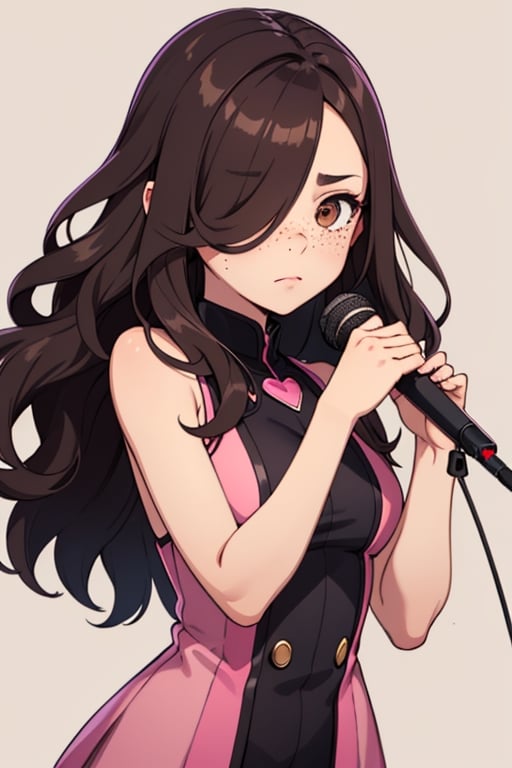 one cool idol girl, holding mic, pink idol costume, beige skin, brown eyes, freckles
Hair over one eye, wavy hair, dark brown long hair,
emotionless,
simple dark purple background,masterpiece