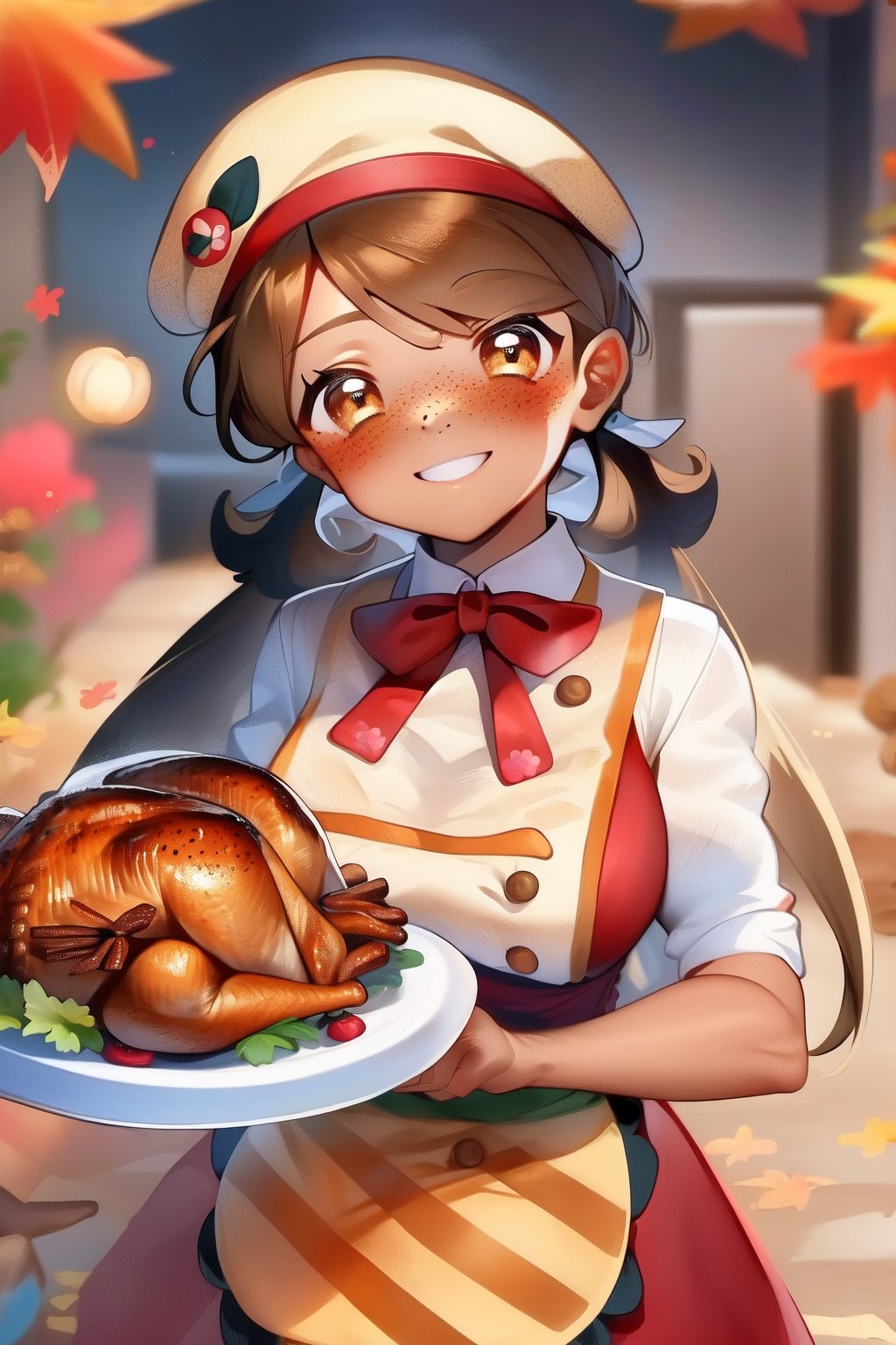 beige skin, freckles, smile, brown eyes, wavy brown hair, medium breasts, beige headwear, buttons, brown apron, red skirt, beige shirt, carrying thanksgiving turkey