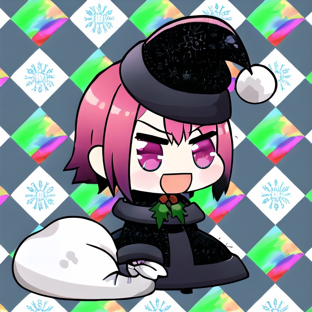 ,  Padoru_Meme, 1girl, blush, smile, open mouth, hot pink hair, long sleeves, dress, holding sack, magenta eyes, spiky hair, angry, :d, black dress, black headwear, meme, holding sack,Padoru_Meme, snowflakes background