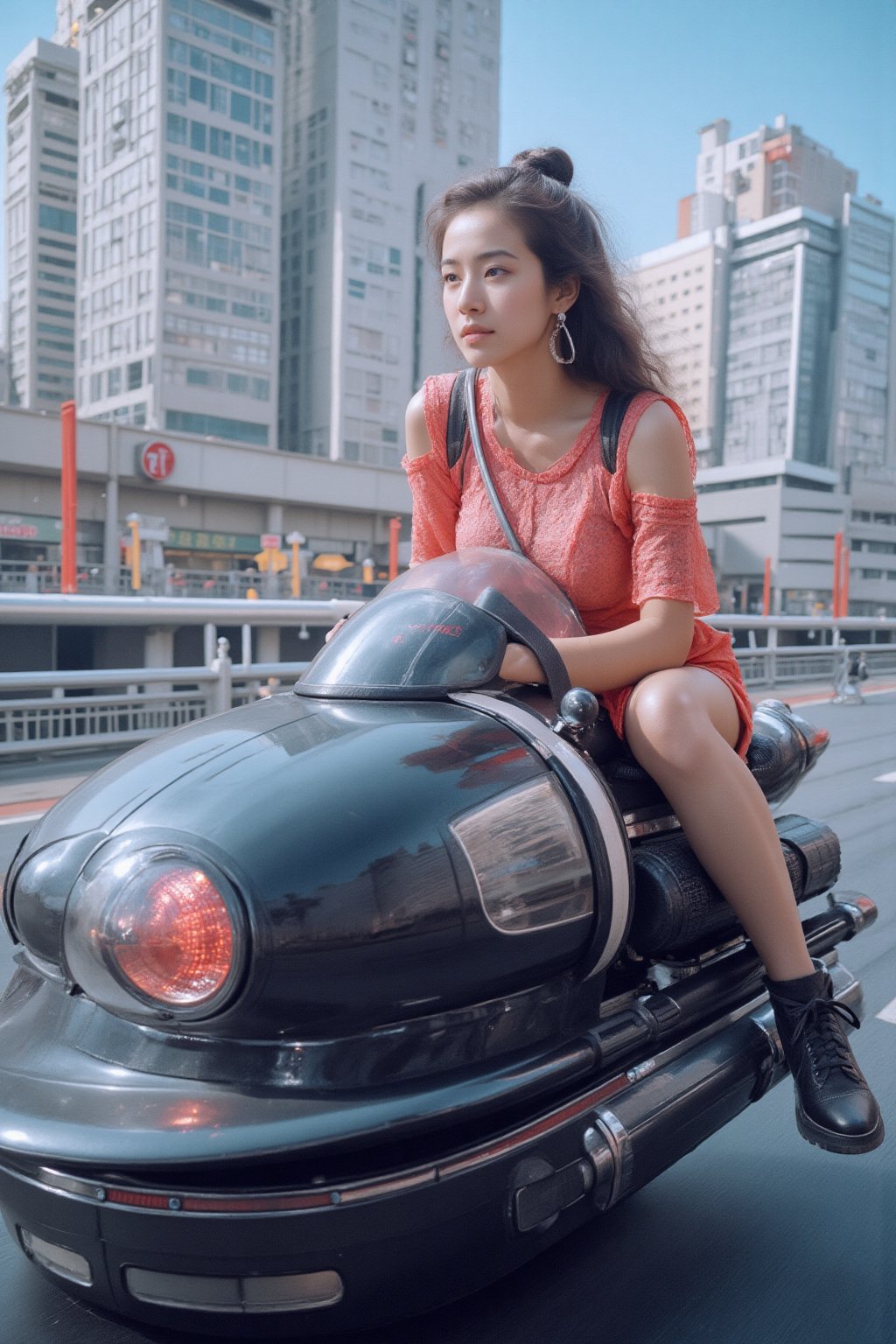 A sexy Korean girl riding a futuristic hovercraft. The vehicle's exterior is shaped like a capsule. She races through a cyberpunk-style city. Film,1 girl