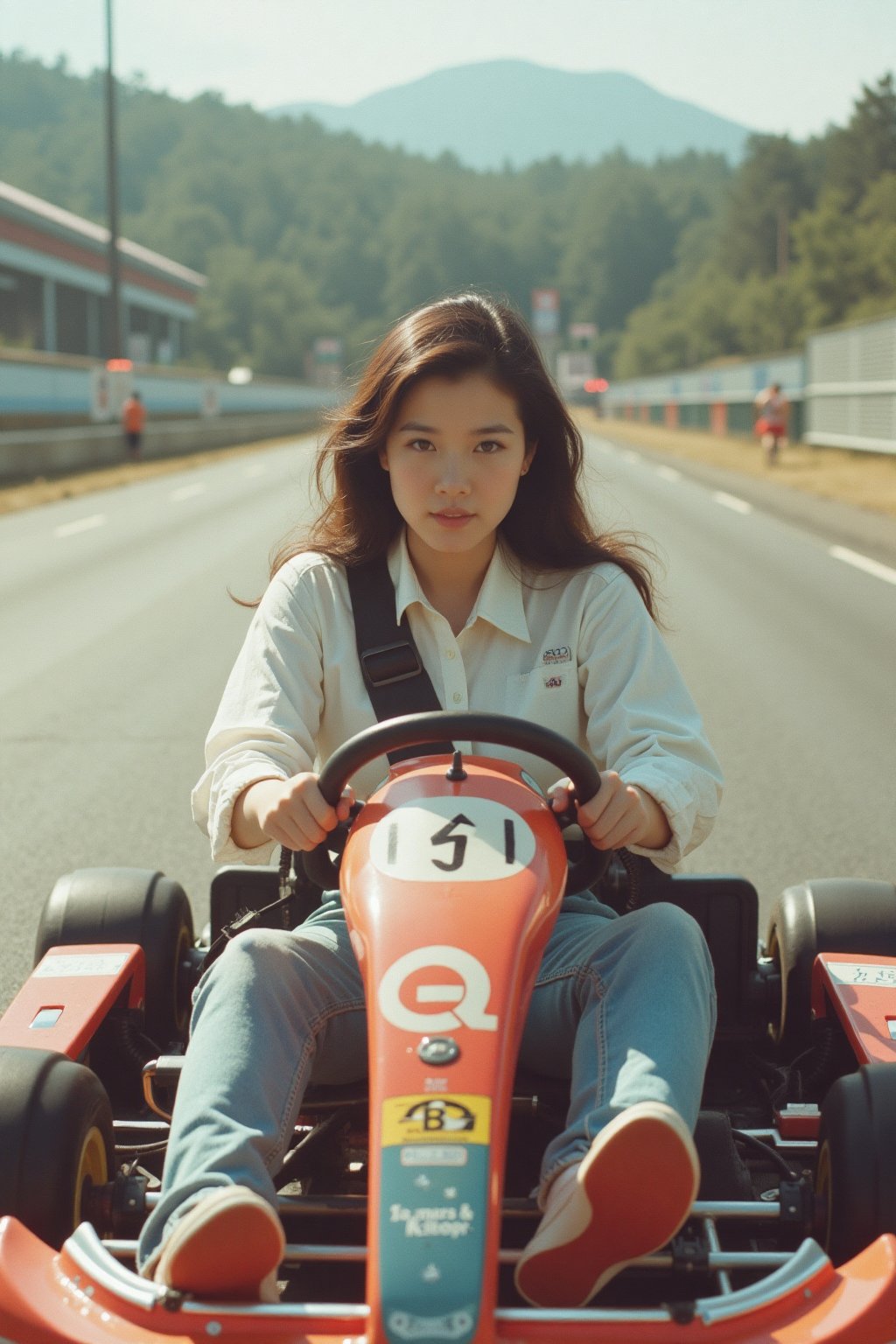 A cute Korean girl riding a racing kart. 90's Film Photography